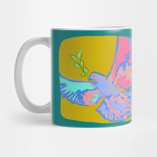 Pop art peace dove in teal and pink pastel colors on ochre yellow background Mug